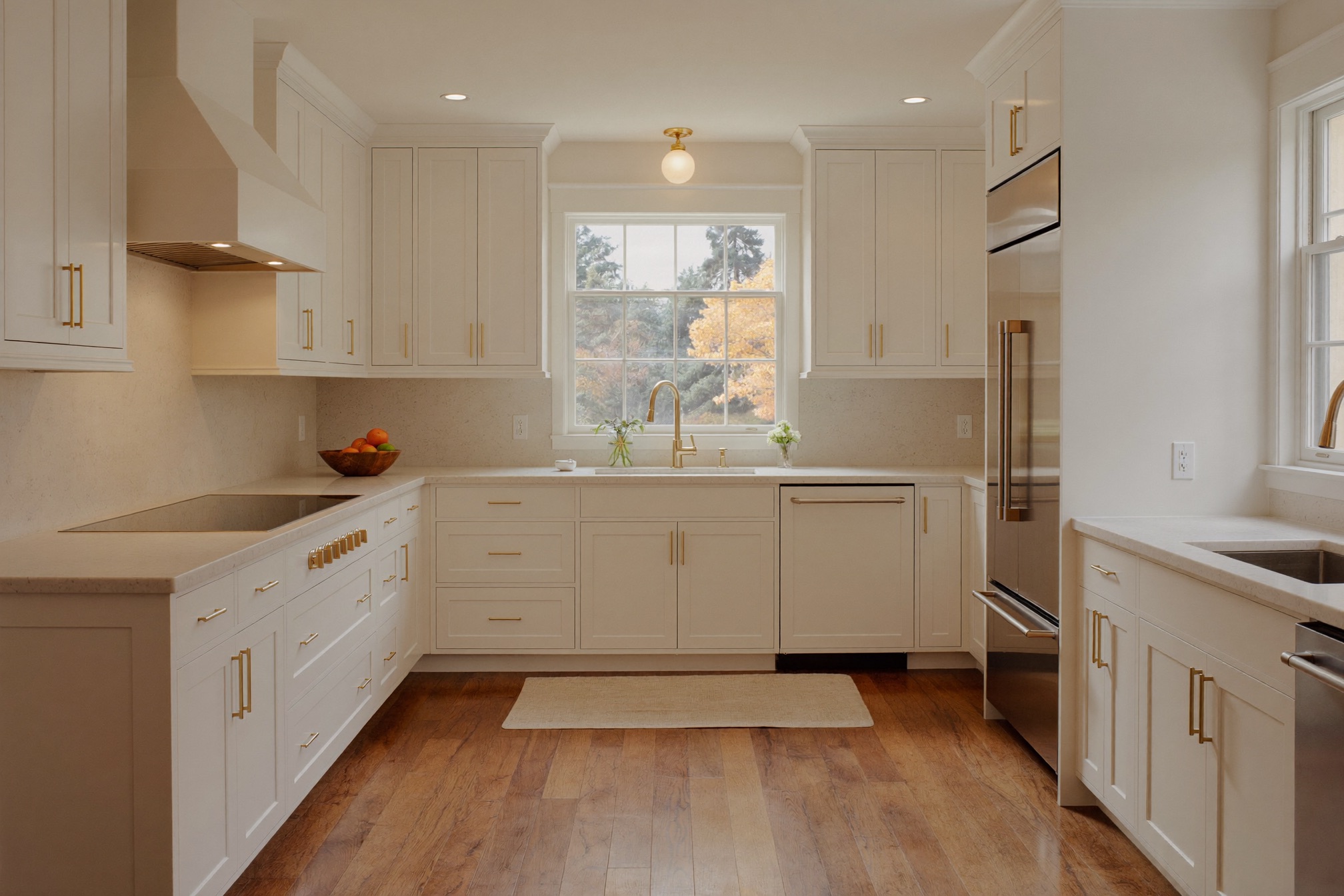 Finished kitchen with white shaker cabinets, quartz counters and brass hardware