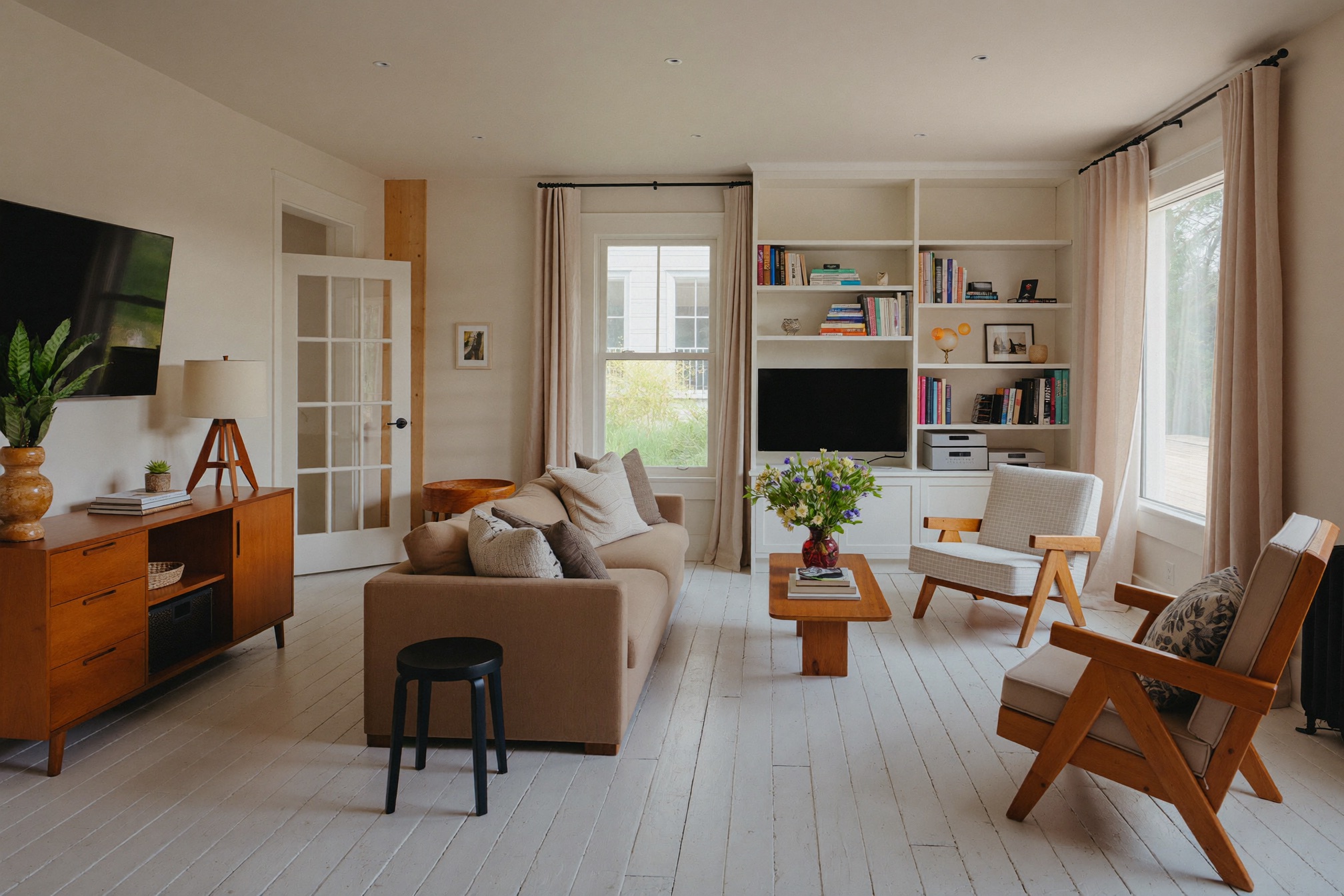 Finished living room with oak floors and custom built-in shelving