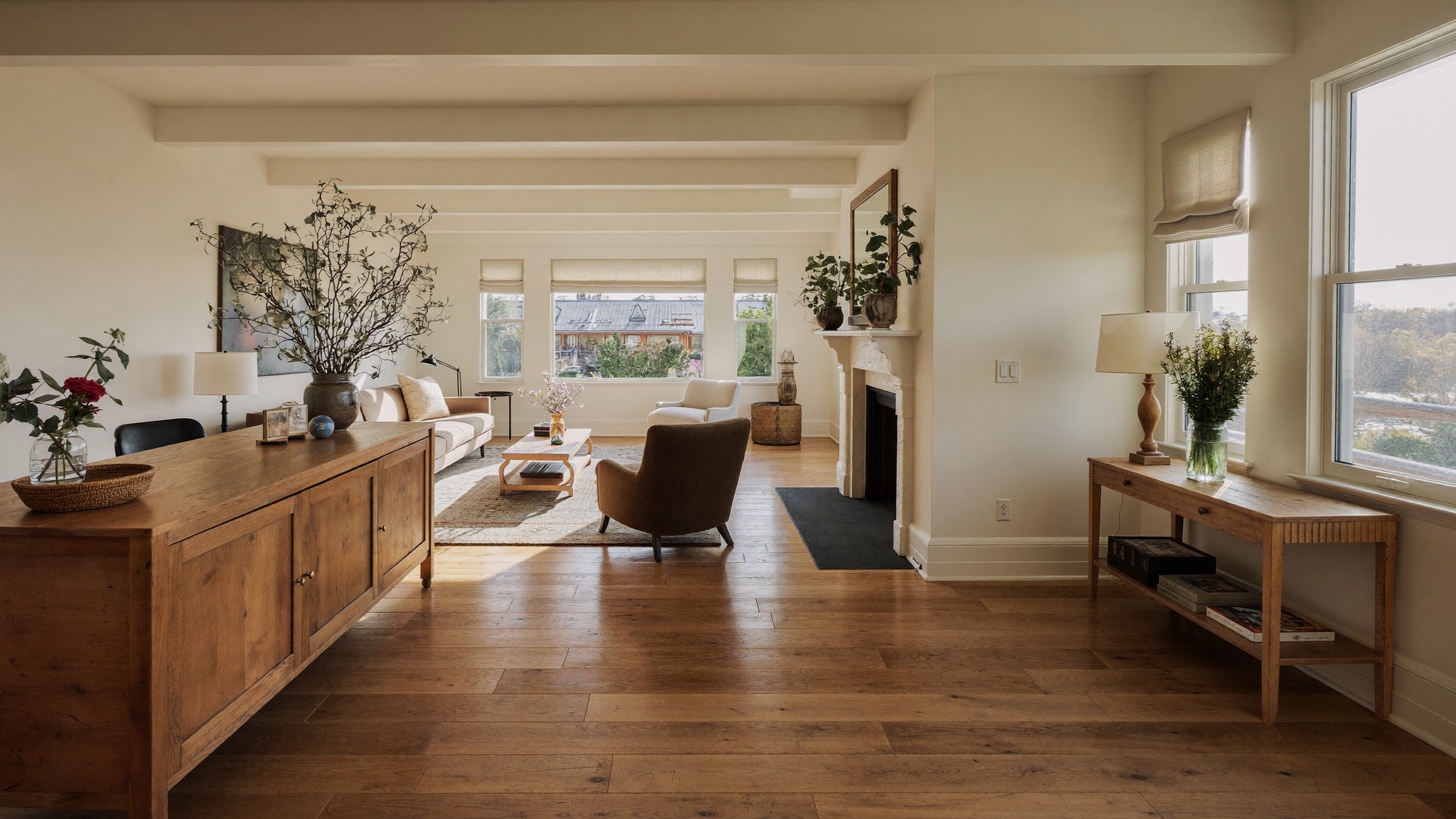 Bright renovated great room with white oak floors in a Minneapolis home