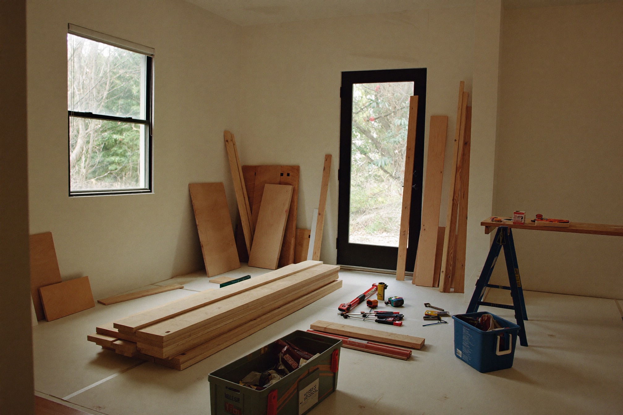 A tidy residential remodel job site in the morning with lumber neatly stacked