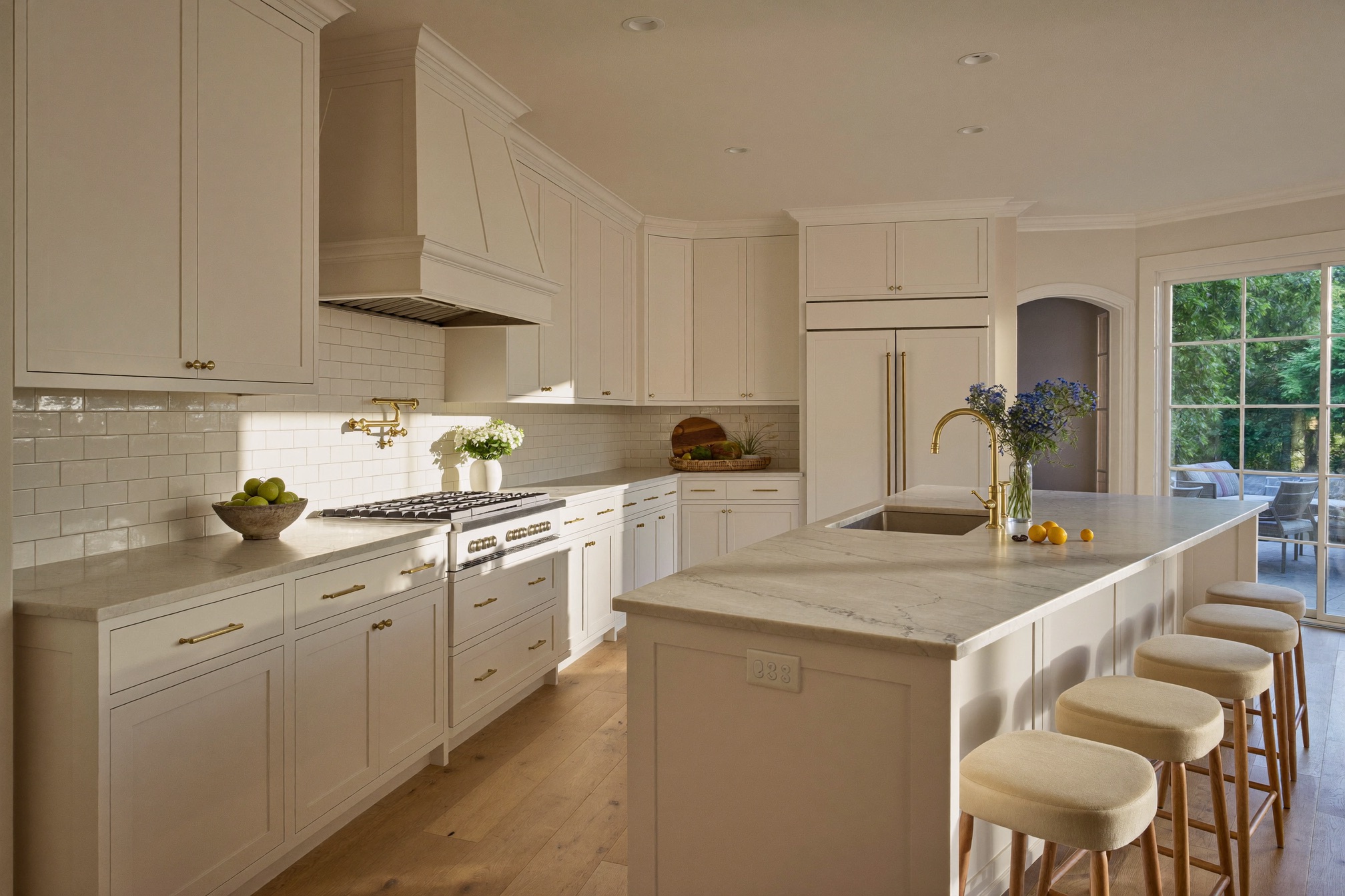 Warm transitional kitchen remodel with an island and brass hardware